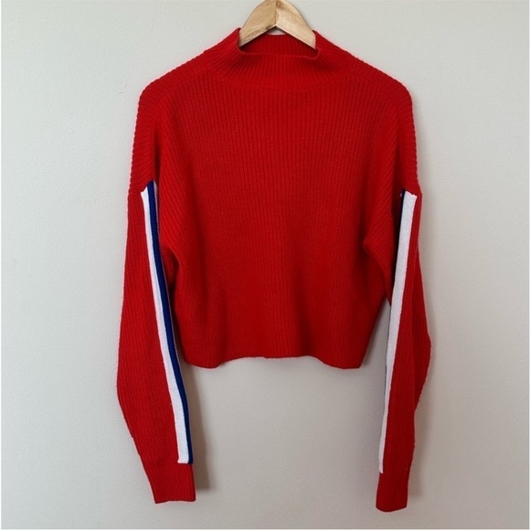 H&M Divided Bright Red Crop Turtleneck Sweater with Blue/White Sleeves - Size XS - Picture 2 of 7
